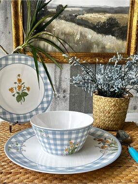🌴Picnic Blue Gingham & Floral Melamine Plates and Bowl Set